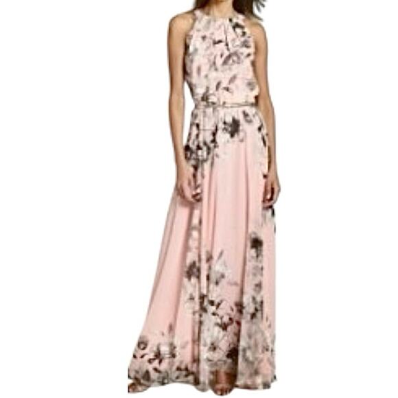 Eliza J Pink Floral Chiffon Halter Maxi Long Dress Gown Size 6 - Picture 1 of 8